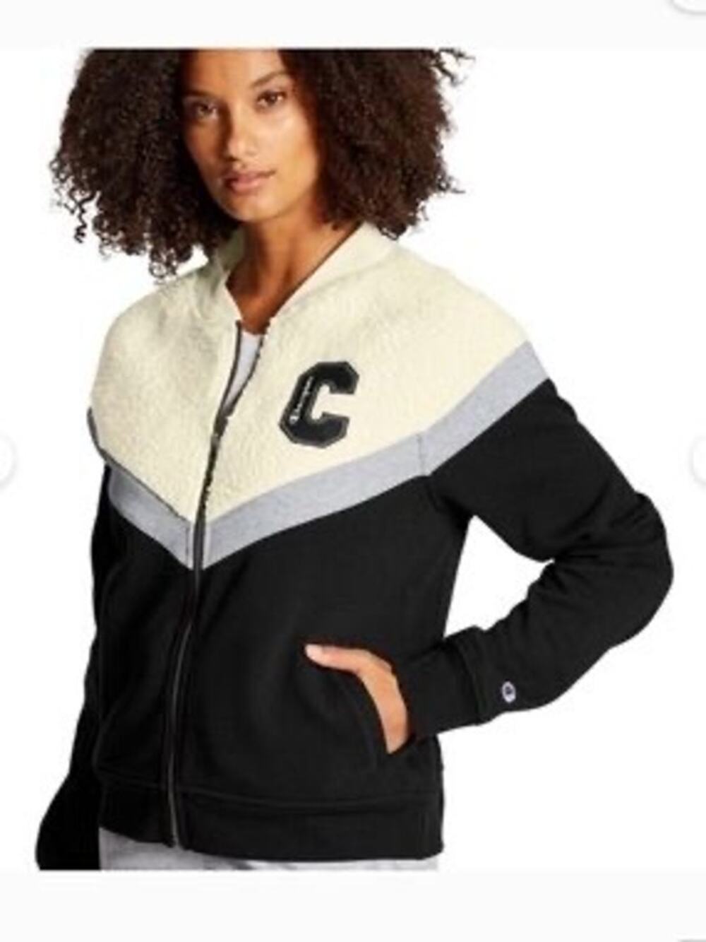 Champion Black Cream Sherpa Bomber Jacket Small Zip Up Academia Athliesure